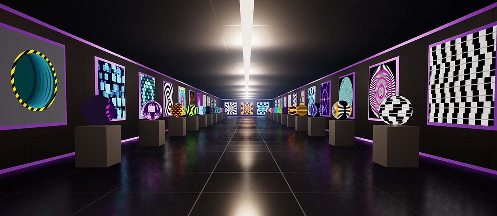 Museum hall with exhibits on pedestals