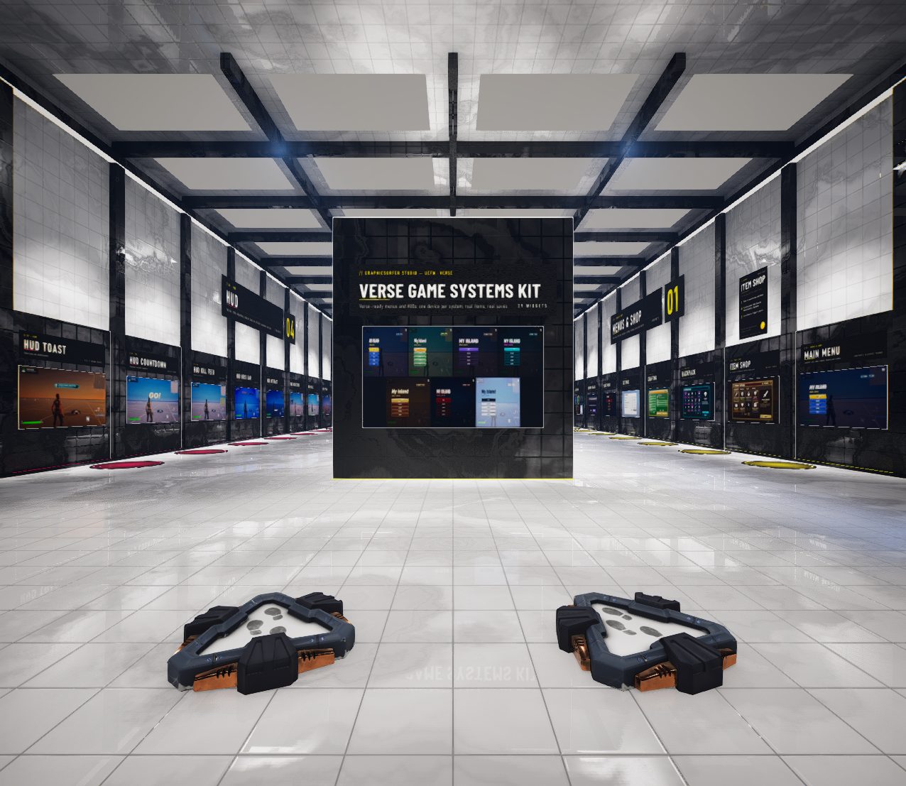 The Verse Game Systems demo hall: walls of device screens in a walkable gallery